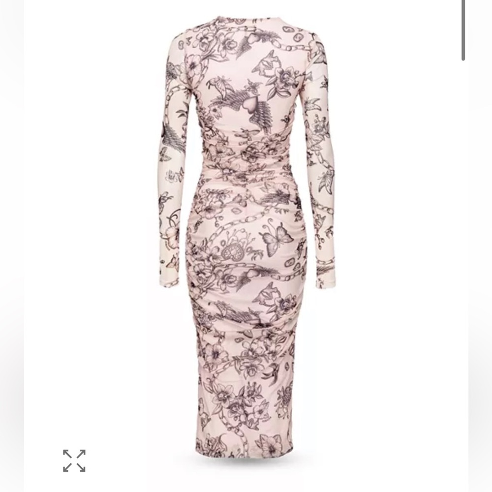 Pinko Aderente Tattoo Print Floral Pink Ruched Mesh Long Sleeve Dress Size L NWT - Picture 5 of 6